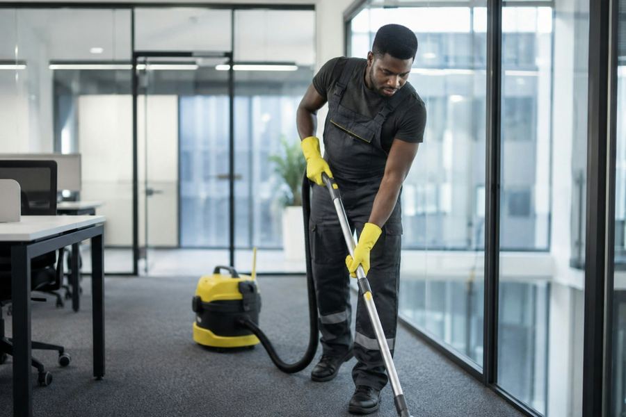 A cleaner vacuuming the carpet of an open-plan office