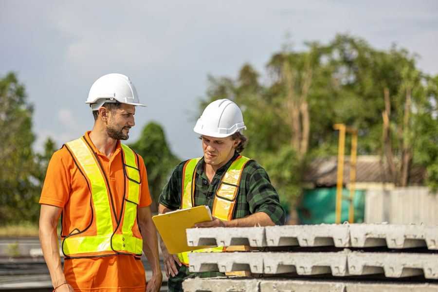Two workers in high-visibility clothing and hard hats reviewing plans on a building site