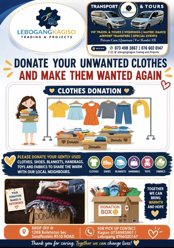 Community Clothes Closet Campaign poster: donate your unwanted clothes and make them wanted again. Clothes, shoes, blankets, handbags, toys and fabrics are collected and shared with local families.