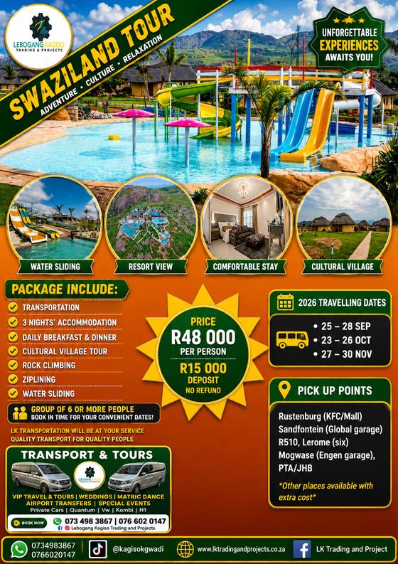 Eswatini (Swaziland) Tour tour poster — LK Transportation and Tours. Package details, travelling dates and pricing are printed on the poster; call 073 498 3867 to confirm.