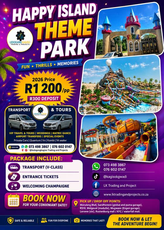 Happy Island Theme Park tour poster — LK Transportation and Tours. Package details, travelling dates and pricing are printed on the poster; call 073 498 3867 to confirm.