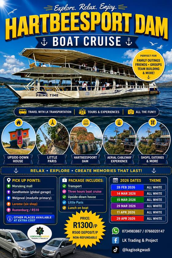 Hartbeespoort Dam Boat Cruise tour poster — LK Transportation and Tours. Package details, travelling dates and pricing are printed on the poster; call 073 498 3867 to confirm.