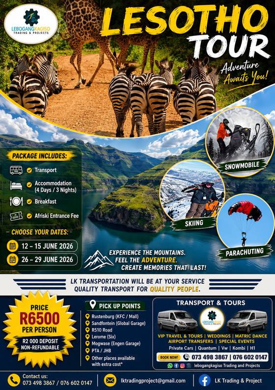 Lesotho Tour tour poster — LK Transportation and Tours. Package details, travelling dates and pricing are printed on the poster; call 073 498 3867 to confirm.