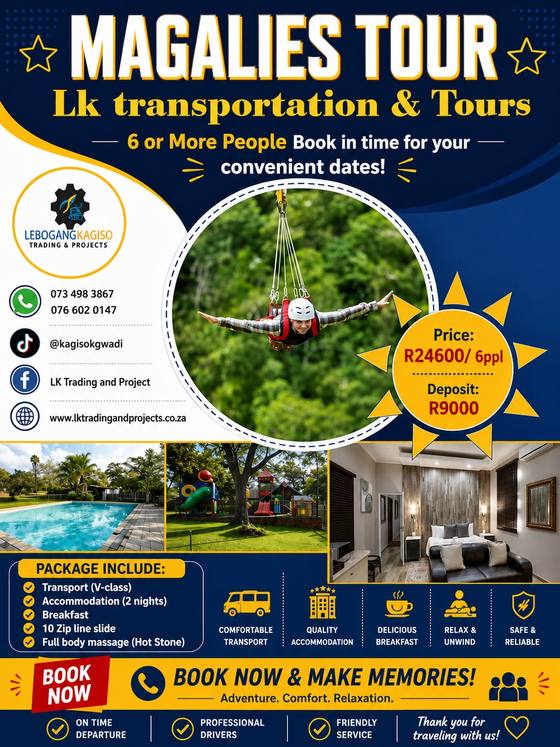 Magalies Tour tour poster — LK Transportation and Tours. Package details, travelling dates and pricing are printed on the poster; call 073 498 3867 to confirm.