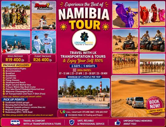 Namibia Tour tour poster — LK Transportation and Tours. Package details, travelling dates and pricing are printed on the poster; call 073 498 3867 to confirm.