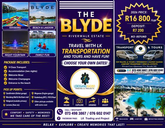 The Blyde — Riverwalk Estate tour poster — LK Transportation and Tours. Package details, travelling dates and pricing are printed on the poster; call 073 498 3867 to confirm.