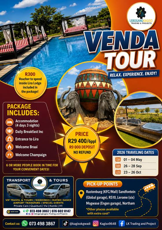 Venda Tour tour poster — LK Transportation and Tours. Package details, travelling dates and pricing are printed on the poster; call 073 498 3867 to confirm.