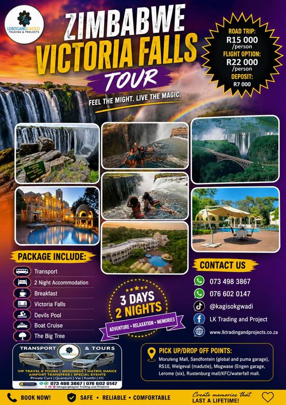 Zimbabwe — Victoria Falls Tour tour poster — LK Transportation and Tours. Package details, travelling dates and pricing are printed on the poster; call 073 498 3867 to confirm.