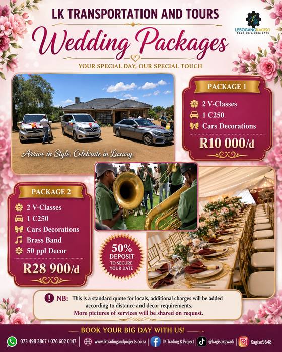 Wedding Packages tour poster — LK Transportation and Tours. Package details, travelling dates and pricing are printed on the poster; call 073 498 3867 to confirm.